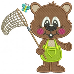 Cute Little Groundhog Catching Butterflies Filled Machine Embroidery Design Digitized Pattern